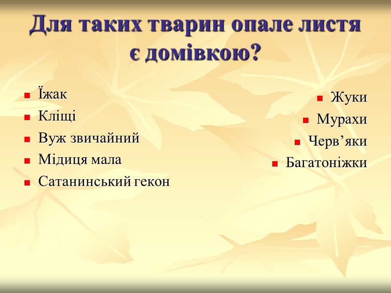 Для таких тварин опале листя є домівкою? Їжак Кліщі Вуж звичайний Мідиця мала Сатанинський